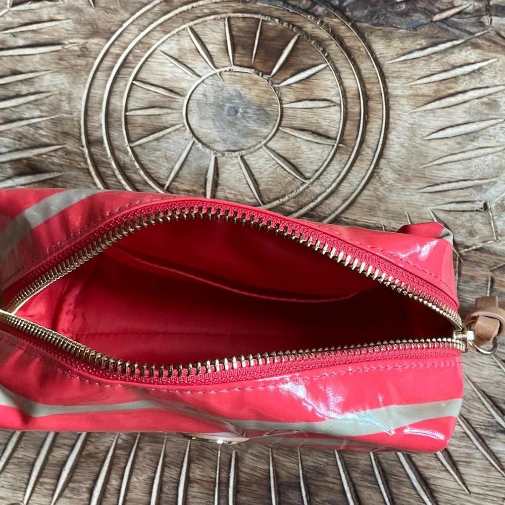 Tory Burch Pink Coral Striped Cosmetic Case with Gold Logo